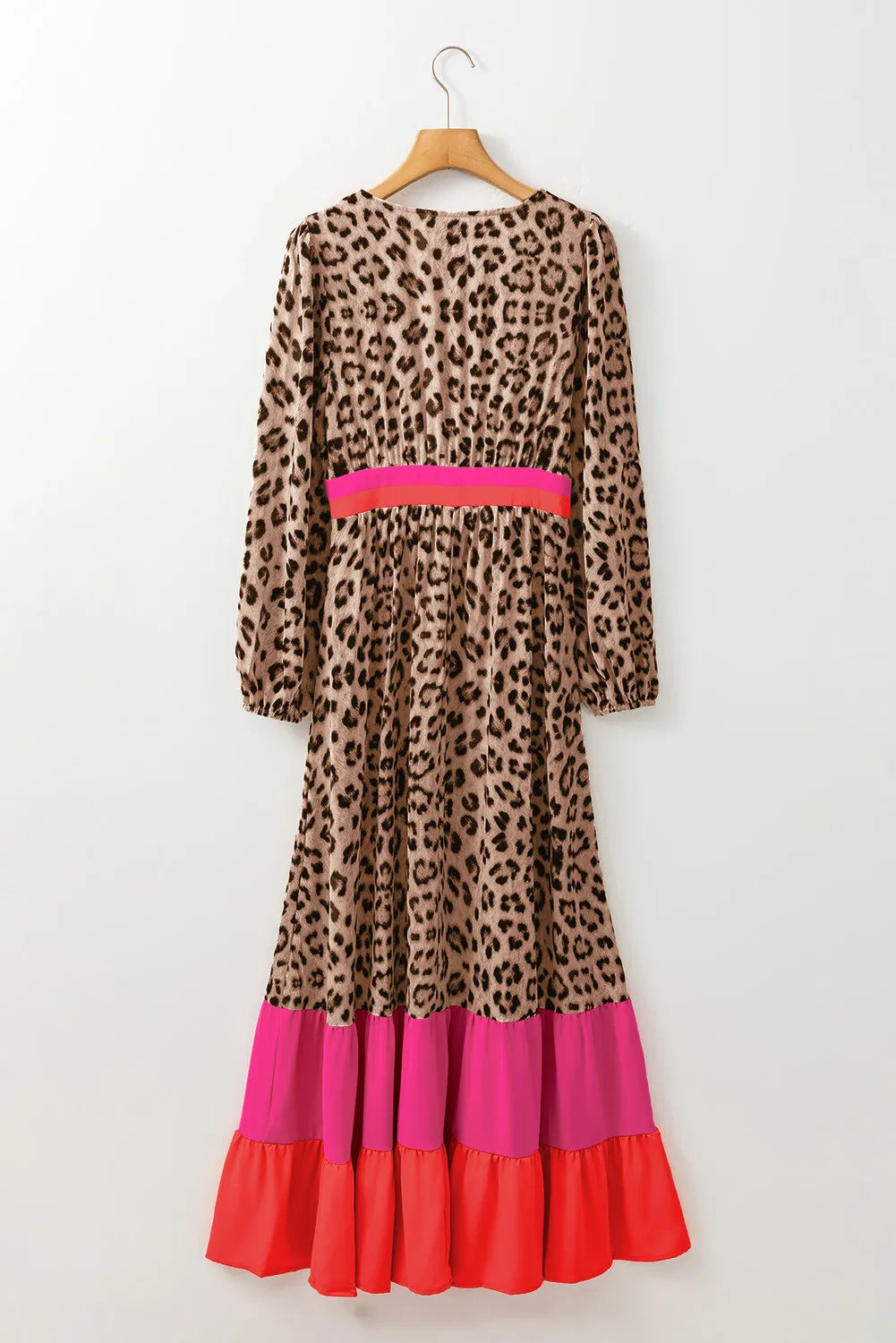Leopard Red Colorblock V-Neck Long Sleeve Maxi Dress Trendsi