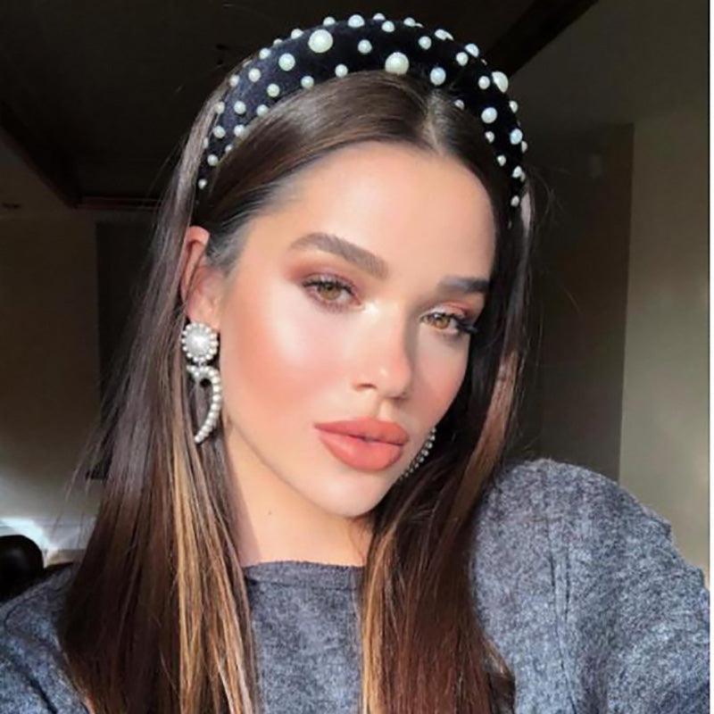 Pearl Headband Special Design Pearl Stone Velvet Hairbands Handmade Women Crown Sponge Thick Head Hoop for Girls Gorgeous Hair Accessories For Women  DAME BOHEME