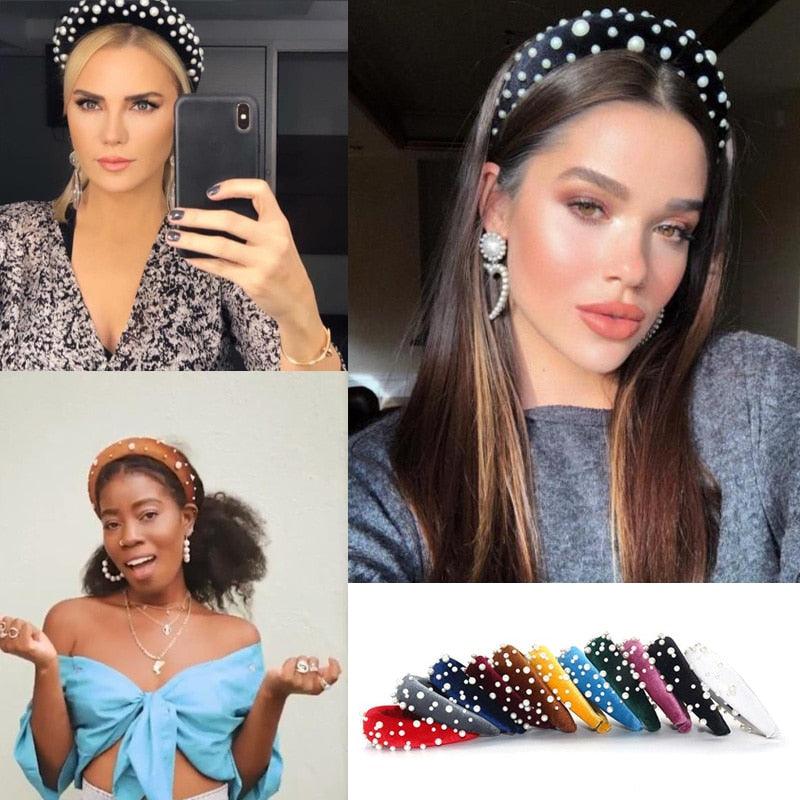 Pearl Headband Special Design Pearl Stone Velvet Hairbands Handmade Women Crown Sponge Thick Head Hoop for Girls Gorgeous Hair Accessories For Women  DAME BOHEME