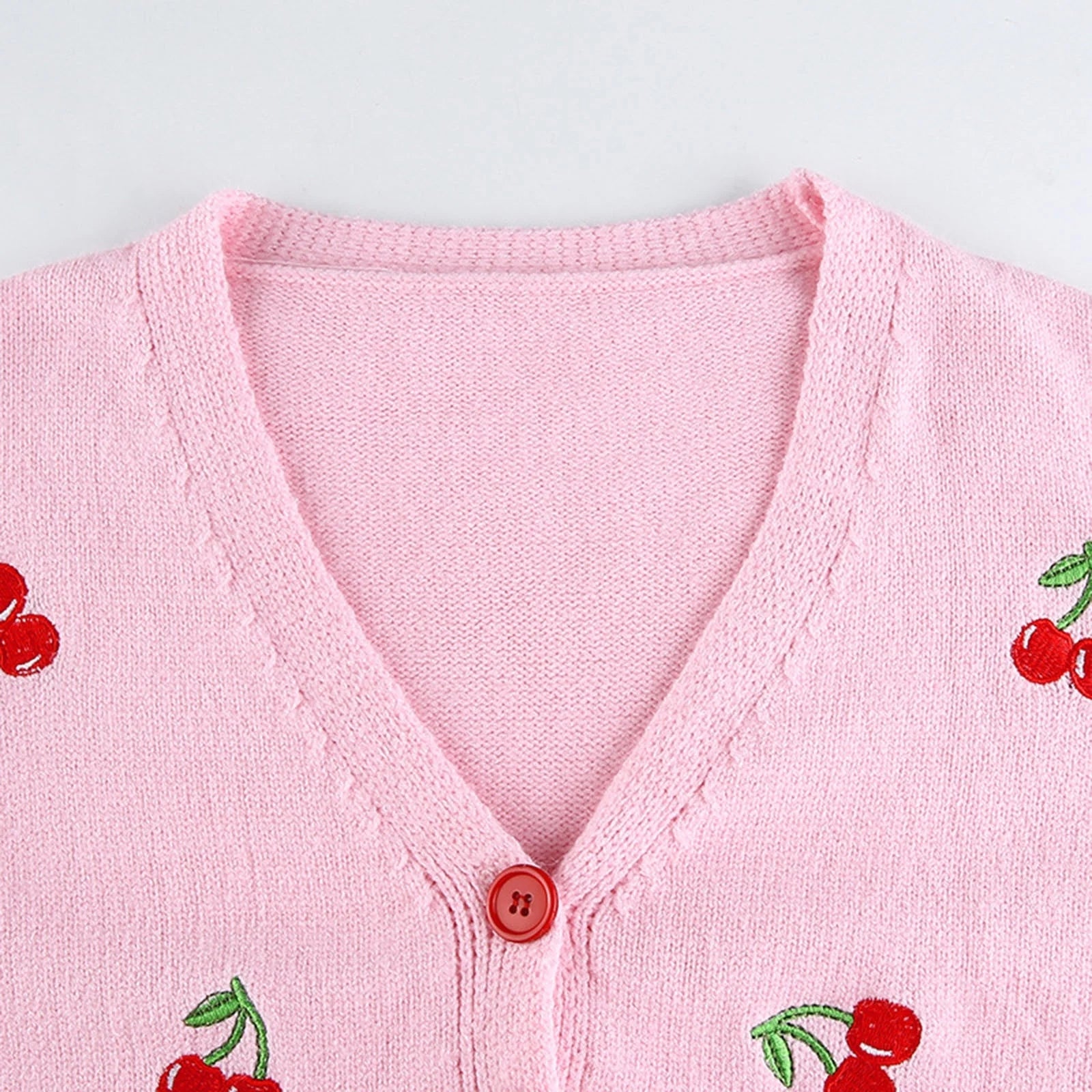 Cherry Embroidery Long Sleeve V-Neck Cropped Cardigan