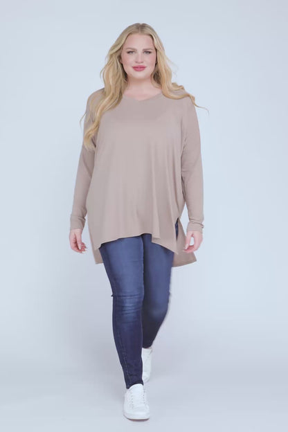 Plus Dolman Sleeve V-Neck Side Slit Hi-Low Hem Top
