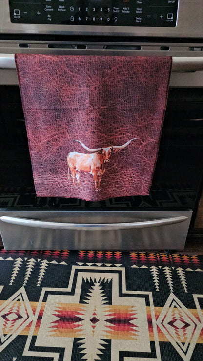 Monogrammed Initial Western Leather Look Saddle Longhorn Cowboy Cowgirl Kitchen Dish Towels Made in America  DAME BOHEME