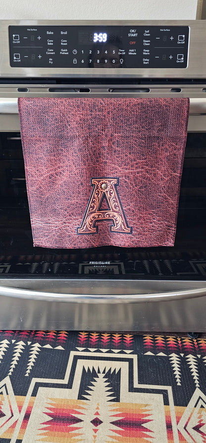 Monogrammed Initial Western Leather Look Saddle Longhorn Cowboy Cowgirl Kitchen Dish Towels Made in America  DAME BOHEME