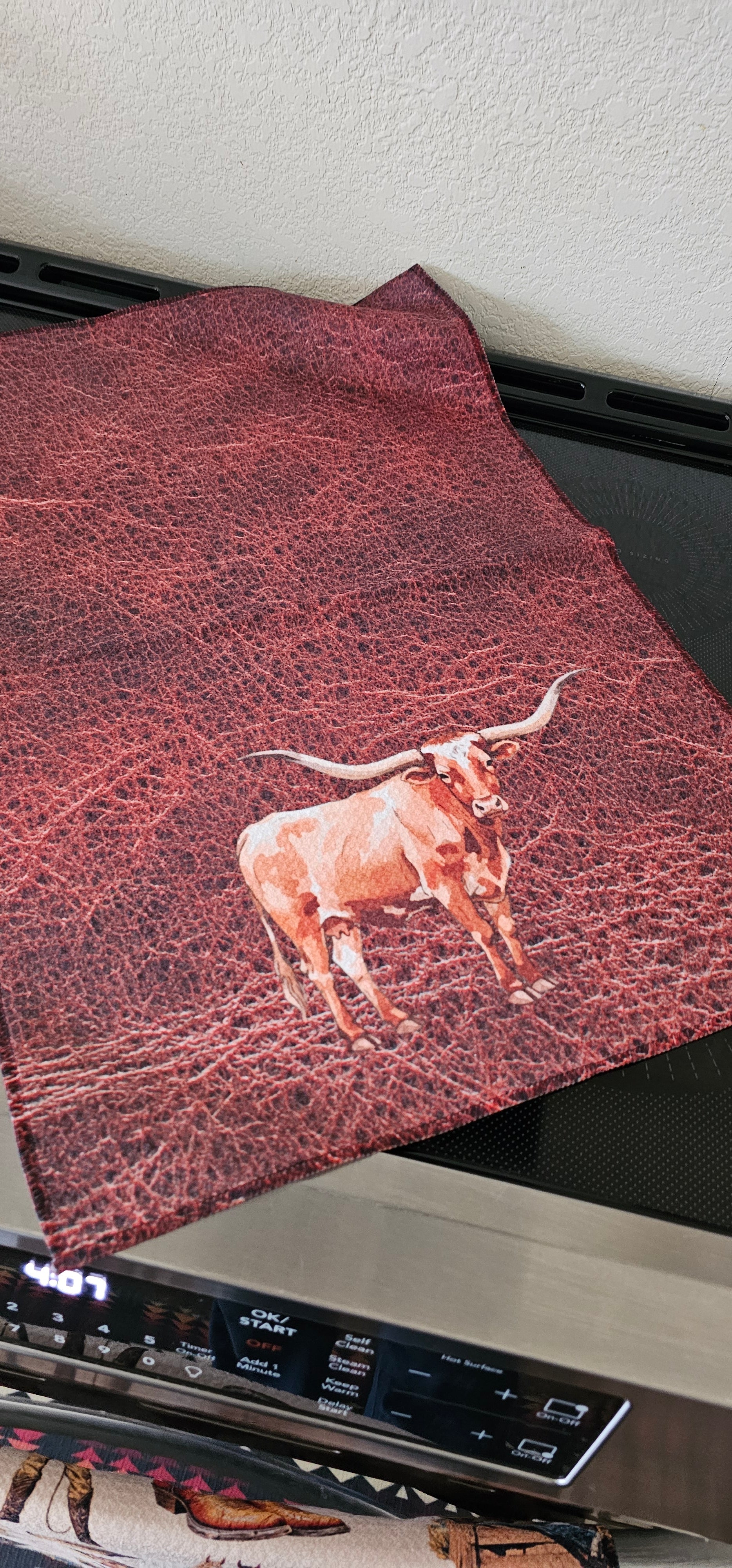 Monogrammed Initial Western Leather Look Saddle Longhorn Cowboy Cowgirl Kitchen Dish Towels Made in America  DAME BOHEME