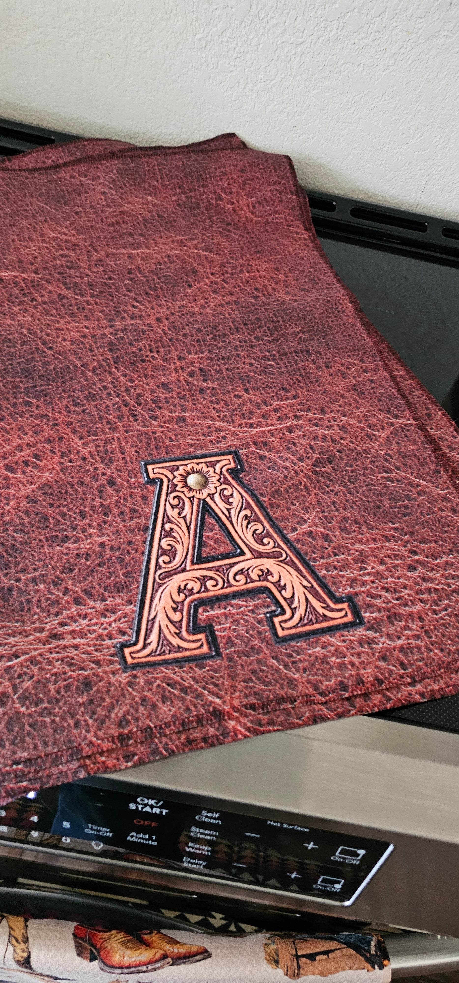 Monogrammed Initial Western Leather Look Saddle Longhorn Cowboy Cowgirl Kitchen Dish Towels Made in America  DAME BOHEME