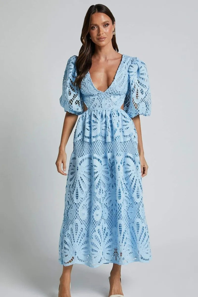 Cutout Back Lace Crochet V-Neck Dress Trendsi