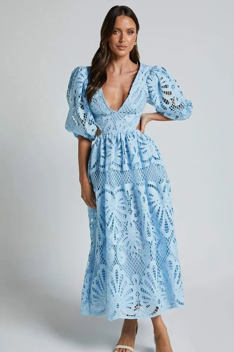 Cutout Back Lace Crochet V-Neck Dress Trendsi