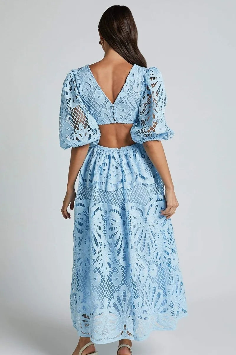 Cutout Back Lace Crochet V-Neck Dress Trendsi