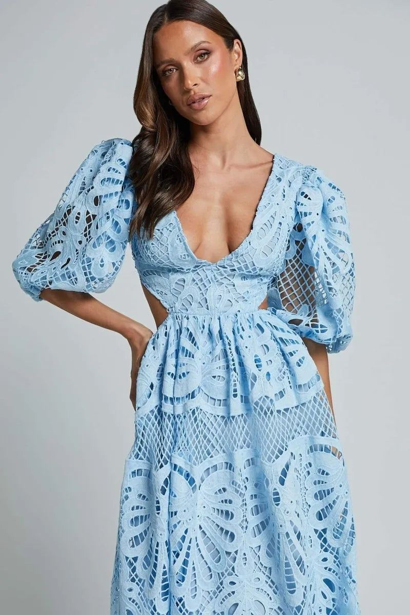 Cutout Back Lace Crochet V-Neck Dress Trendsi