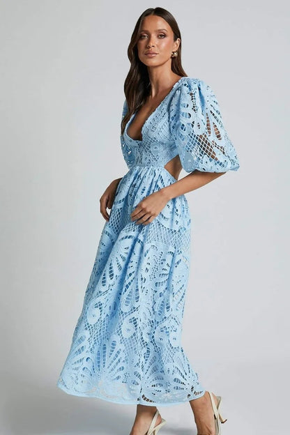 Cutout Back Lace Crochet V-Neck Dress Trendsi