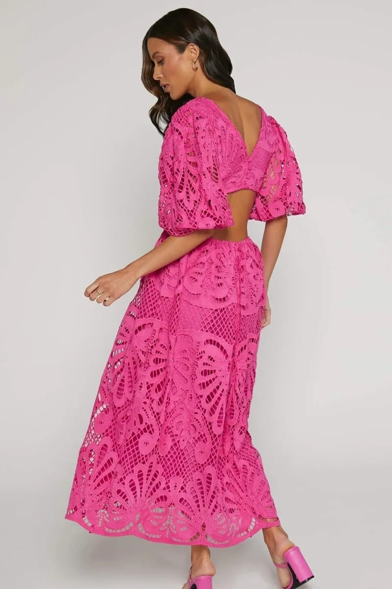 Cutout Back Lace Crochet V-Neck Dress Trendsi