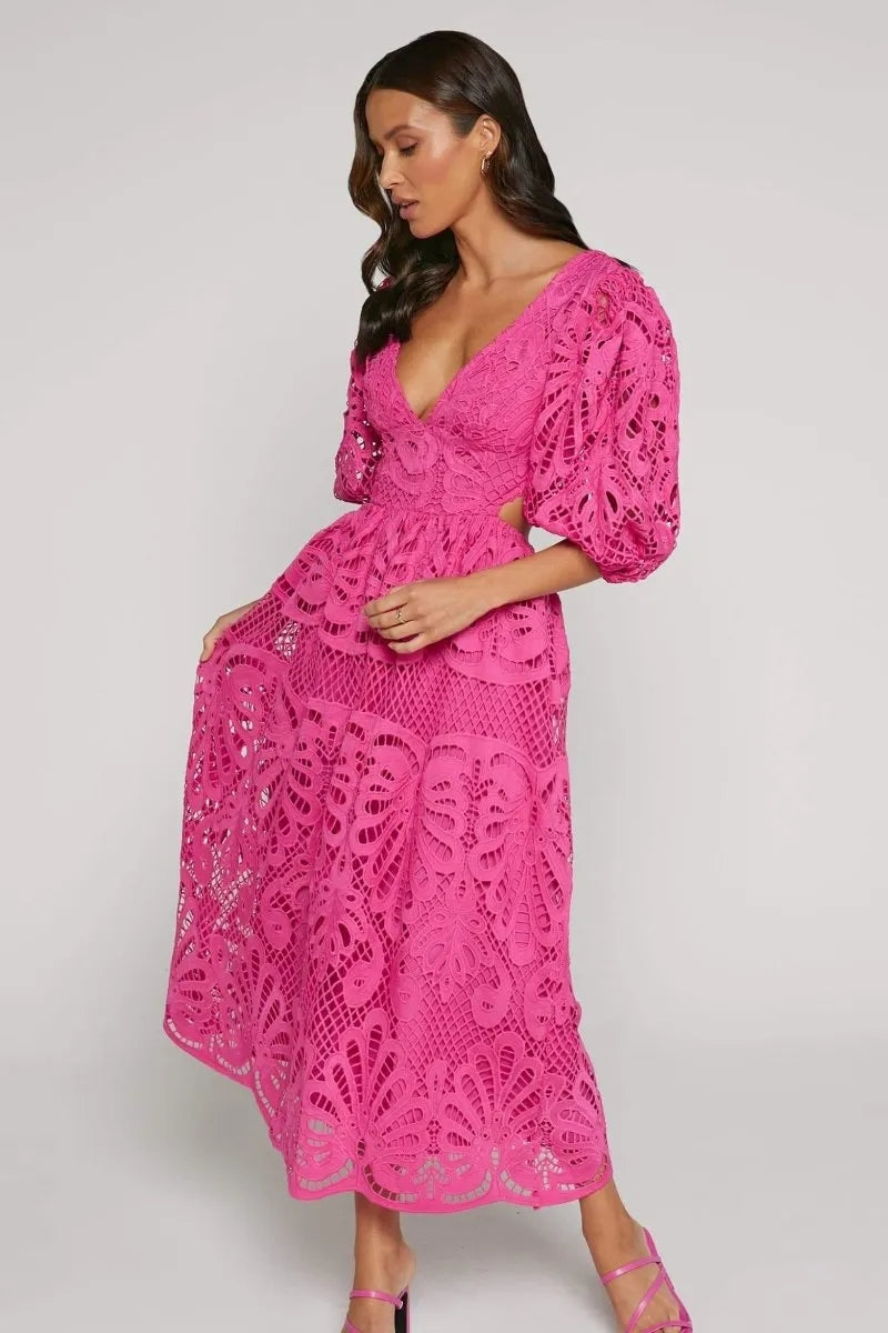 Cutout Back Lace Crochet V-Neck Dress Trendsi