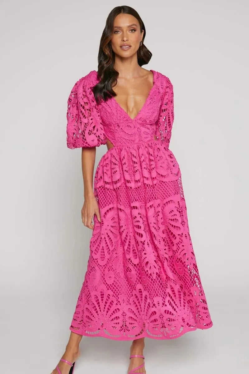 Cutout Back Lace Crochet V-Neck Dress Trendsi