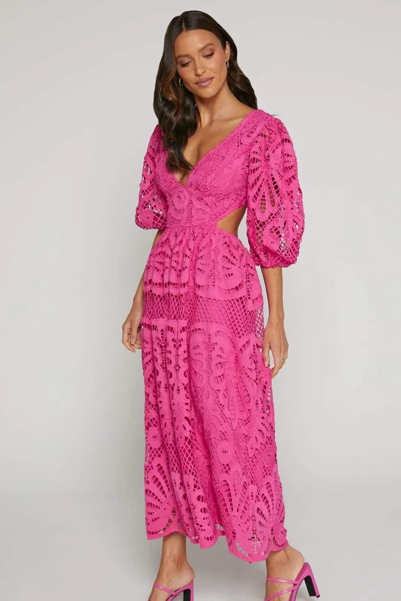 Cutout Back Lace Crochet V-Neck Dress Trendsi