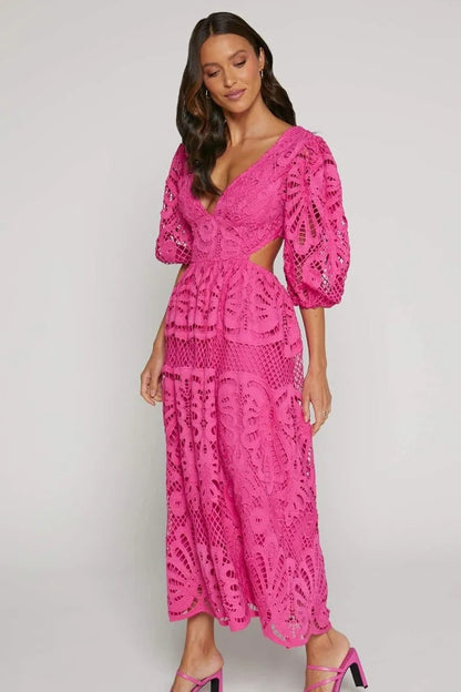 Cutout Back Lace Crochet V-Neck Dress Trendsi