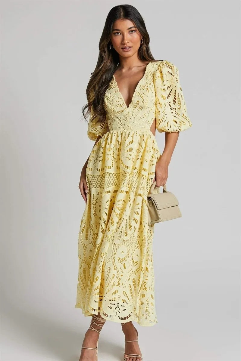 Cutout Back Lace Crochet V-Neck Dress Trendsi
