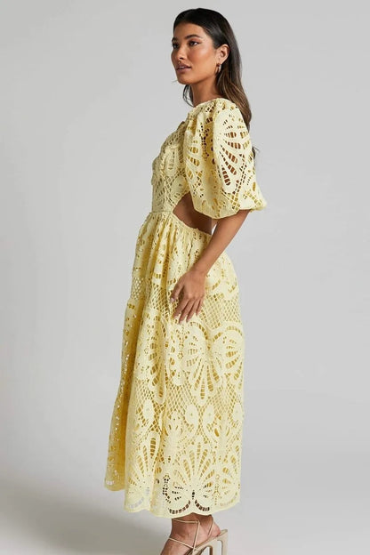 Cutout Back Lace Crochet V-Neck Dress Trendsi