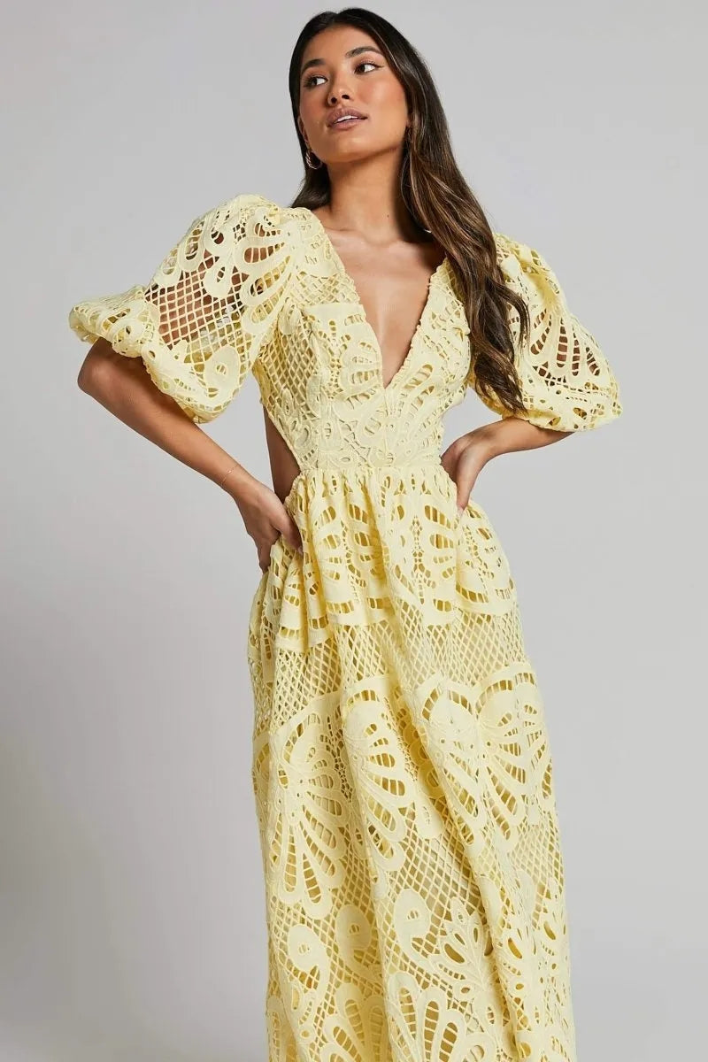 Cutout Back Lace Crochet V-Neck Dress Trendsi
