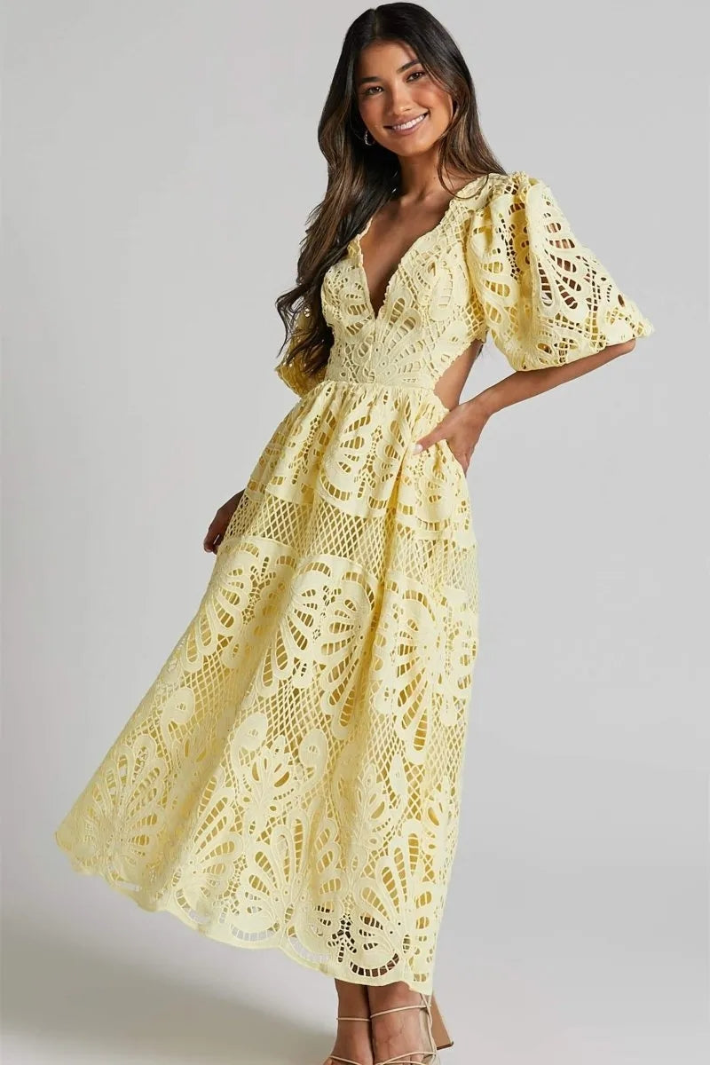 Cutout Back Lace Crochet V-Neck Dress Trendsi
