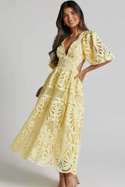 Cutout Back Lace Crochet V-Neck Dress Trendsi