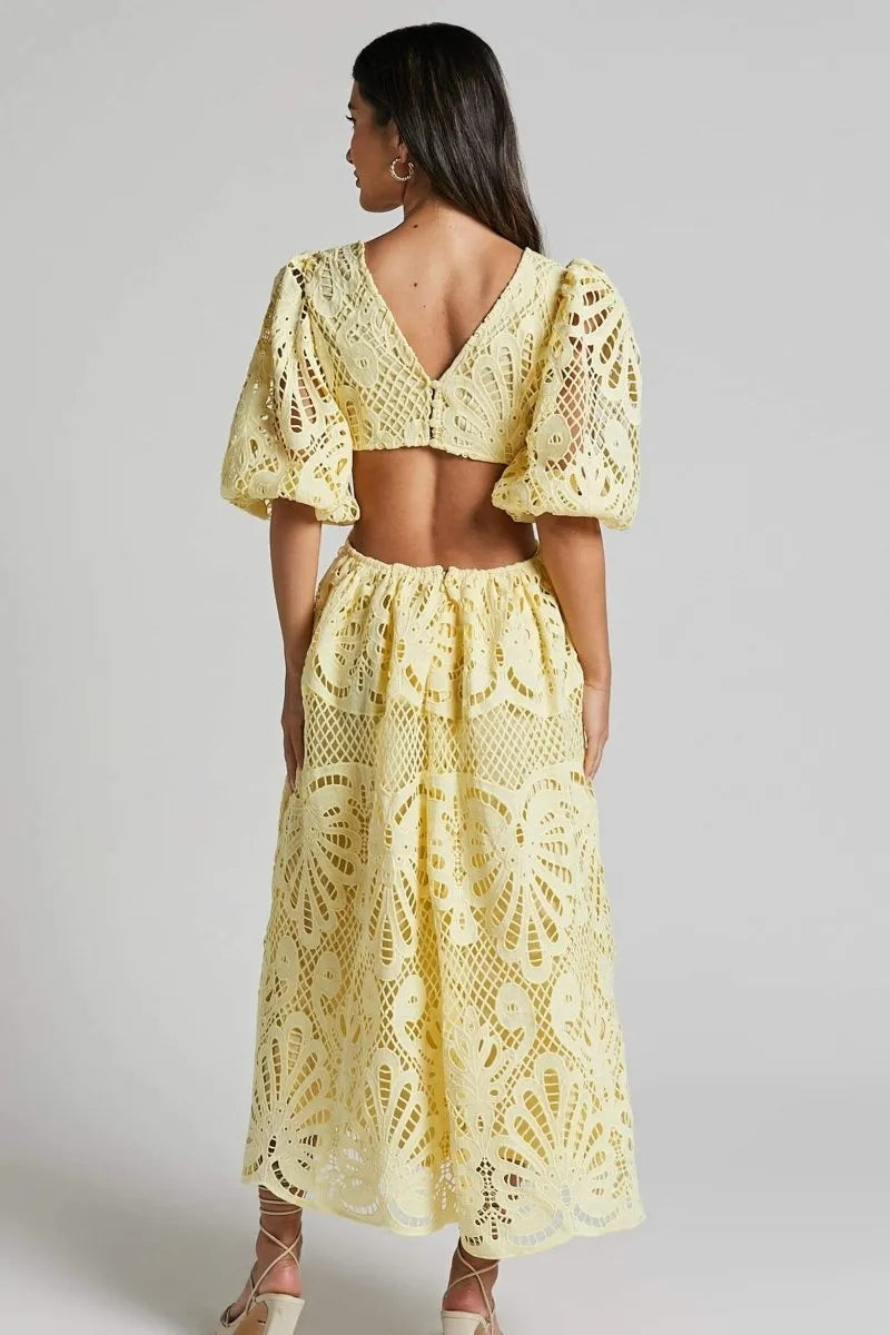 Cutout Back Lace Crochet V-Neck Dress Trendsi