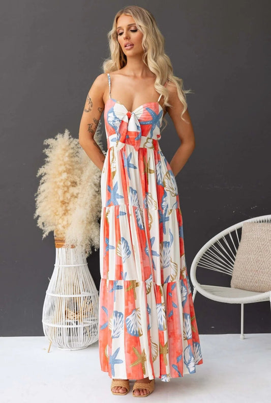 Starfish Striped Print Tie Front Maxi Dress Plus Size Trendsi