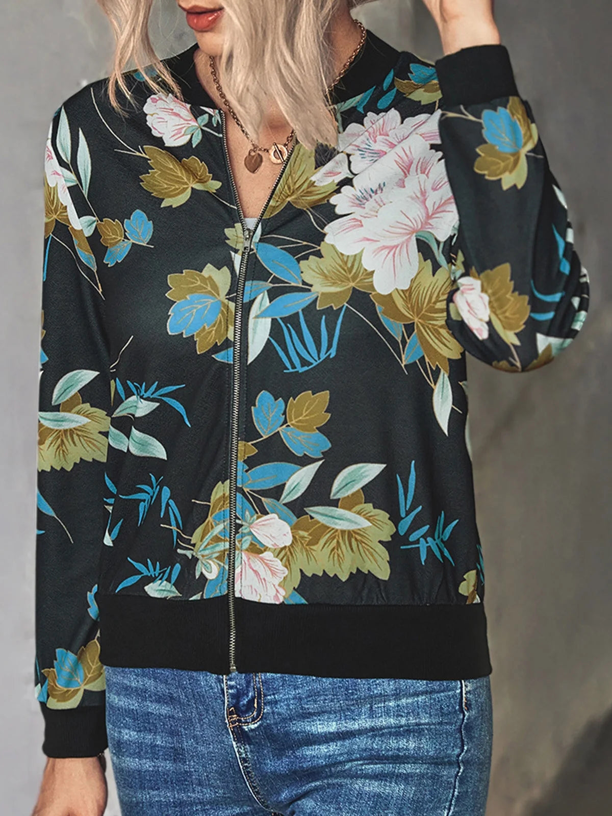 Women's Dark Florals Print Bomber Zip Jacket Annva USA