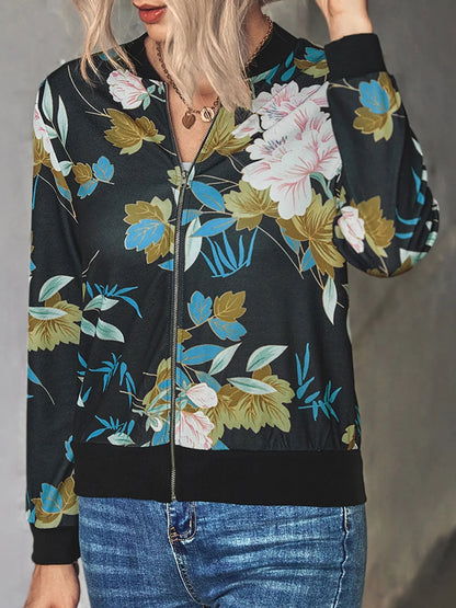 Women's Dark Florals Print Bomber Zip Jacket Annva USA