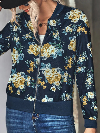 Women's Dark Florals Print Bomber Zip Jacket Annva USA
